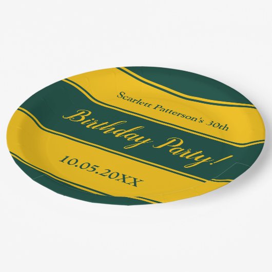 Assiettes En Carton Élégante Grandes Vertes Et Or Moderne Anniversaire (Angle)