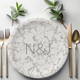 Assiettes En Carton Élégante Gris Marbre Moderne Monogramme Plaques de