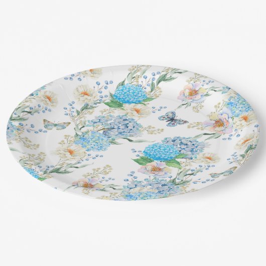Assiettes En Carton Elégante Hydrangée Bleue (Angle)