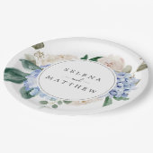 Assiettes En Carton Elégante Hydrangée Bleue | Gâteau Mariage blanc (Angle)