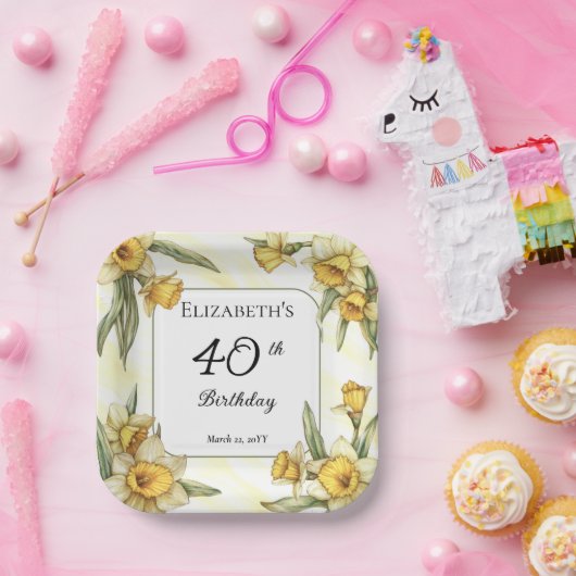 Assiettes En Carton Élégante jonquille jaune 40e anniversaire floral (Fête)