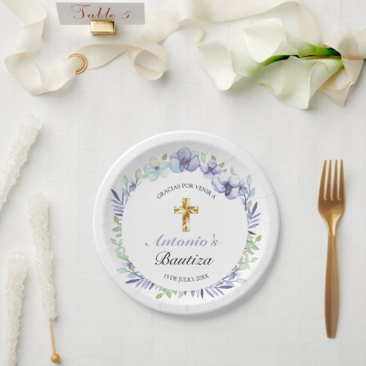 Assiettes En Carton Elegante Lavanda Cruz De Oro Bautizo (Mariage)