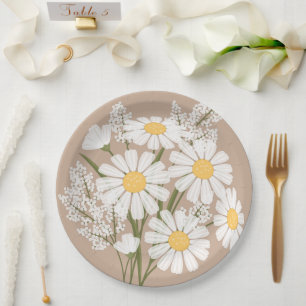 Assiettes En Carton Elégante marguerite florale blanche sur beige