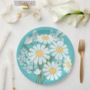 Assiettes En Carton Elégante marguerite florale blanche sur Turquoise