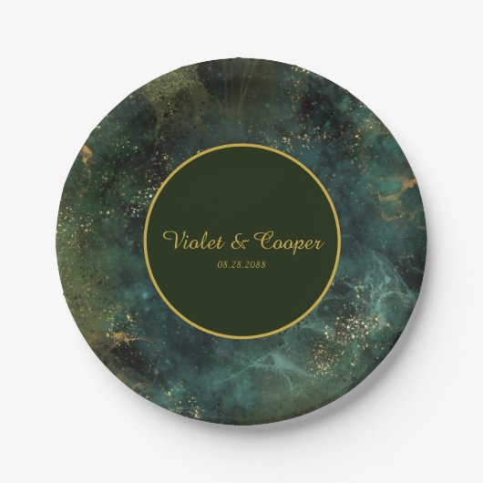 Assiettes En Carton Élégante Mariage Emerald Green et Gold Flecks (Devant)