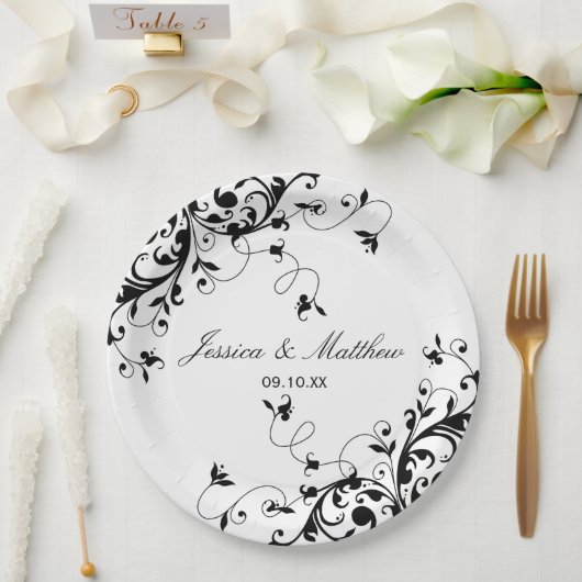 Assiettes En Carton Elégante Mariage noir & blanc (Mariage)