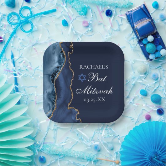 Assiettes En Carton Elégante Marine Blue Gold Agate Bat mitzvah Party (Fête)