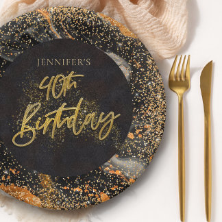 Assiettes En Carton Elégante Parties scintillant Noir et Or 40ème anni