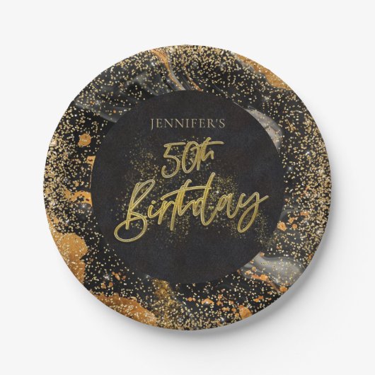 Assiettes En Carton Elégante Parties scintillant Noir et Or 50ème anni (Devant)
