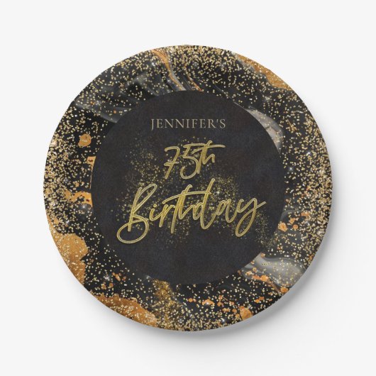 Assiettes En Carton Elégante Parties scintillant Noir et Or 75e annive (Devant)