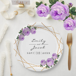 Assiettes En Carton Elégante Parties scintillant or Geo Purple Floral