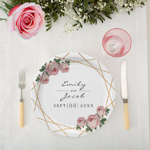 Assiettes En Carton Elégante Parties scintillant or Mariage floral ros