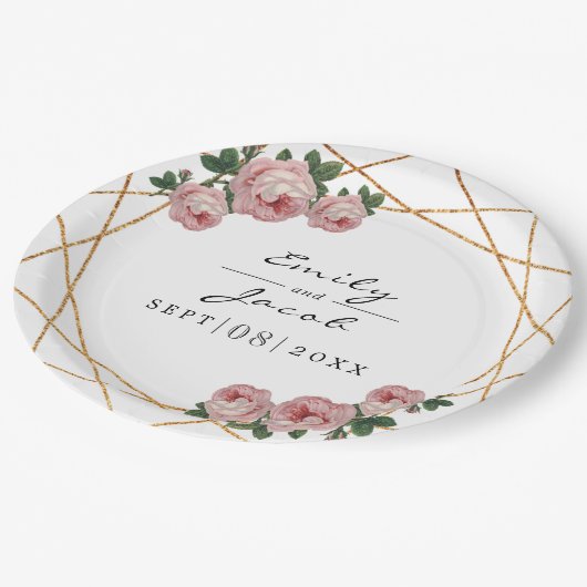 Assiettes En Carton Elégante Parties scintillant or Mariage floral ros (Angle)