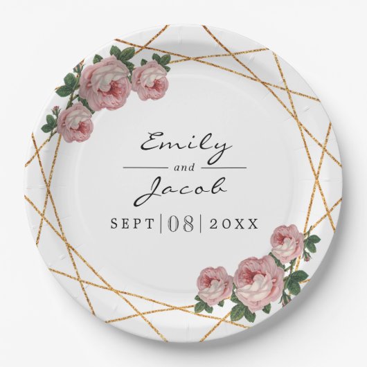 Assiettes En Carton Elégante Parties scintillant or Mariage floral ros (Devant)