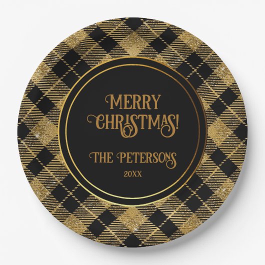 Assiettes En Carton Elégante Parties scintillant Tartan Black Gold (Devant)