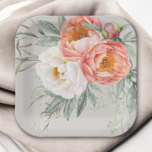 Assiettes En Carton Elégante Pêche et Aquarelle d'ivoire Florale