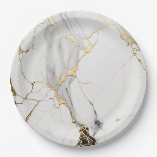 Assiettes En Carton Elégante pierre de marbre abstrait noir et blanc (Devant)