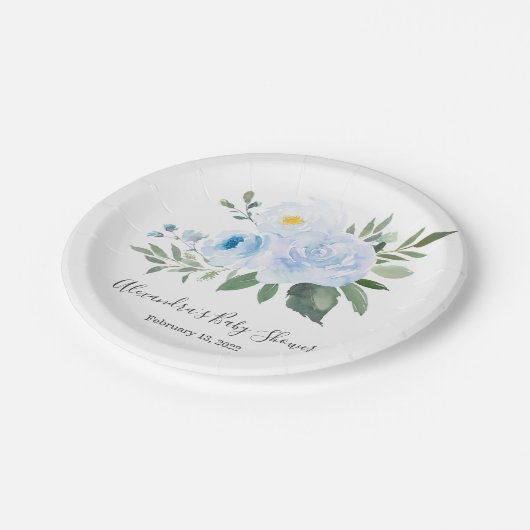Assiettes En Carton Élégante plaque de Baby shower Floral Bleu (Angle)