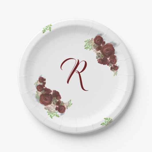 Assiettes En Carton Élégante plaque de papier Rose monogramme Bourgogn (Devant)