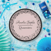 Assiettes En Carton Elégante Quinceañera Black Swirls sur Blush PInk (Fête)