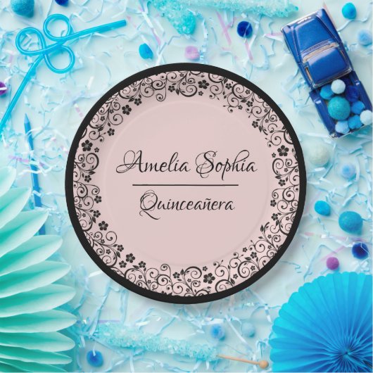 Assiettes En Carton Elégante Quinceañera Black Swirls sur Blush PInk (Fête)