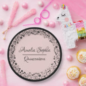 Assiettes En Carton Elégante Quinceañera Black Swirls sur Blush PInk (Fête)