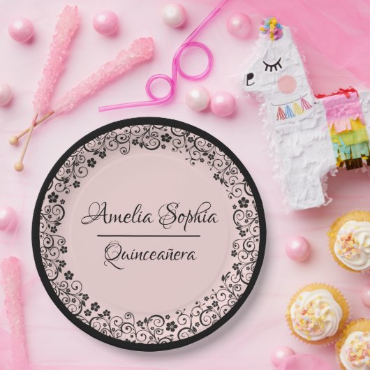 Assiettes En Carton Elégante Quinceañera Black Swirls sur Blush PInk (Fête)