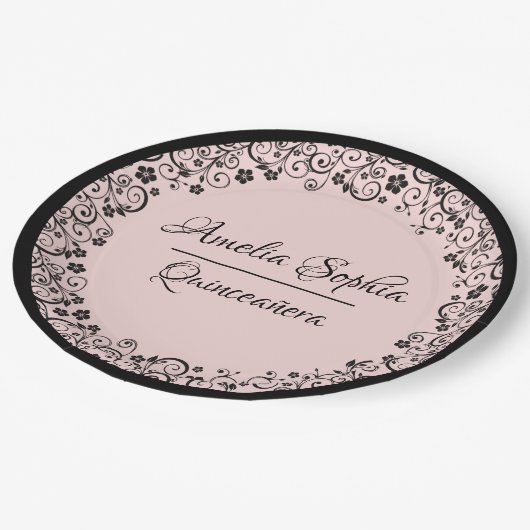 Assiettes En Carton Elégante Quinceañera Black Swirls sur Blush PInk (Angle)