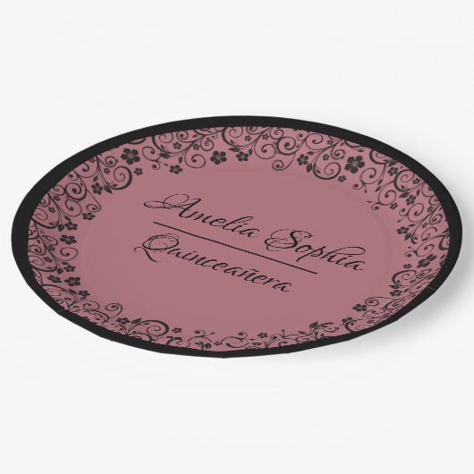 Assiettes En Carton Elégante Quinceañera Black Swirls sur or Rose (Angle)