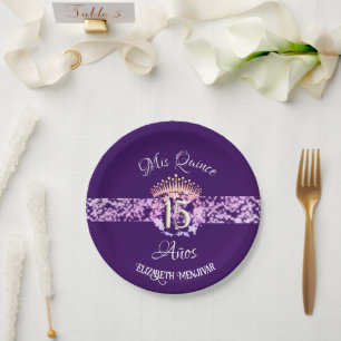 Assiettes En Carton Élégante Quinceañera espagnole violette et dorée