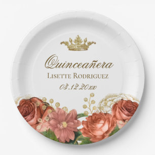 Assiettes En Carton Elégante Quinceanera Tiara Floral