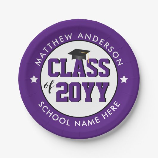 Assiettes En Carton Élégante Royal Purple Classe de 2023 Graduation (Devant)