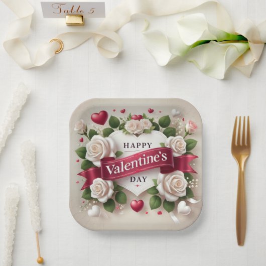 Assiettes En Carton Elégante Saint Valentin Design avec Roses, Coeurs (Mariage)