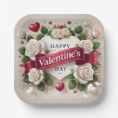 Assiettes En Carton Elégante Saint Valentin Design avec Roses, Coeurs (Recto)