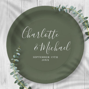 Assiettes En Carton Élégante signature script mariage vert olive