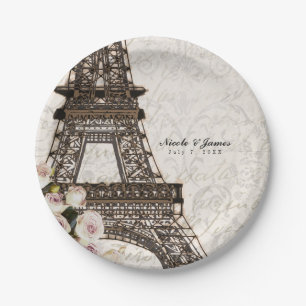 Assiettes En Carton Élégante soirée chic Paris Tour Eiffel et roses