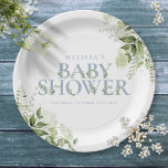 Assiettes En Carton Elégante verdure Baby shower bleu Dusty<br><div class="desc">Une élégante plaque en papier baby shower avec une typographie bleue poussiéreuse chic et un joli feuillage botanique. Conçu par Thisisnotme©</div>