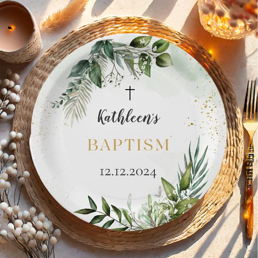 Assiettes En Carton Élégante verdure Feuillage Baptême