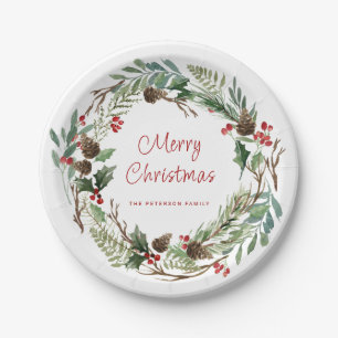 Assiettes En Carton Élégante verdure Holly Berry Wreath   Script