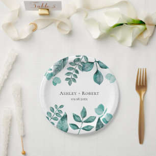 Assiettes En Carton Elégante verdure Turquoise Aquarelle Mariage moder