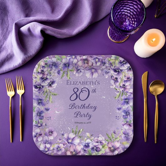 Assiettes En Carton Élégante Violette violette Florale 80e fête d'anni