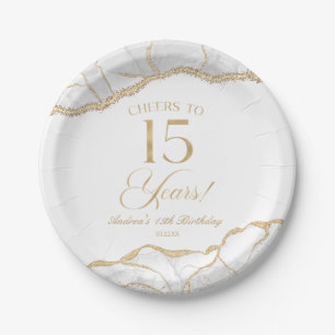 Assiettes En Carton Elégante White Gold Agate 15e fête d'anniversaire