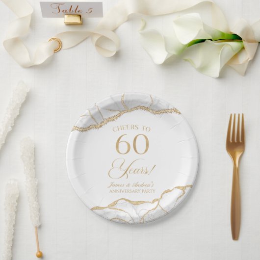 Assiettes En Carton Elégante White Gold Agate 60e Anniversaire Party (Mariage)