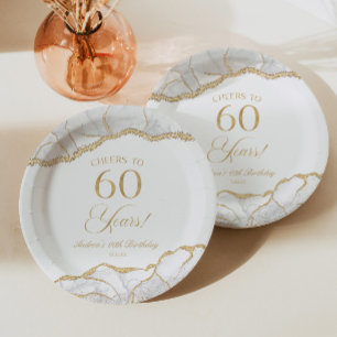 Assiettes En Carton Elégante White Gold Agate 60e fête d'anniversaire