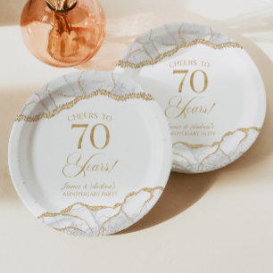 Assiettes En Carton Elégante White Gold Agate 70e Anniversaire Party