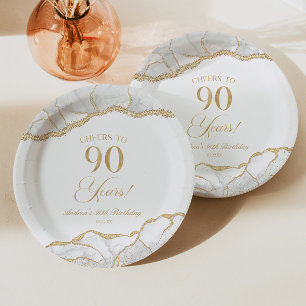 Assiettes En Carton Elégante White Gold Agate 90e fête d'anniversaire