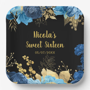 Assiettes En Carton Élégantes Fleurs Bleues et Dorées Sweet Sixteen