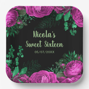Assiettes En Carton Élégantes fleurs rose chaud pour Sweet Sixteen