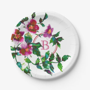 Assiettes En Carton Élégantes fleurs sauvages rose foncé aquarelle mod