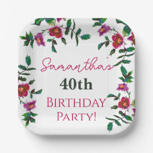 Assiettes En Carton Élégantes fleurs sauvages rose foncé aquarelle mod